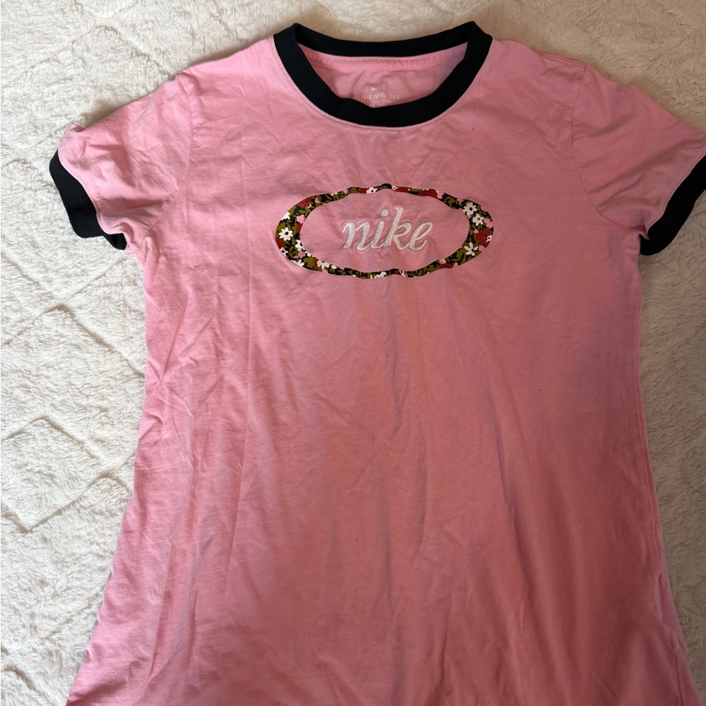 Nike Pink Ringer Tee with Black Trim and Floral Oval